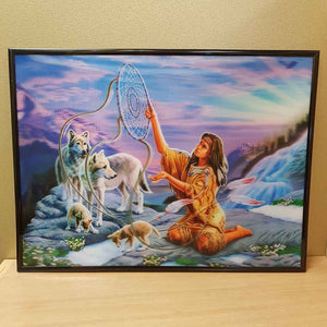 4D Native American Woman with Wolf Family (39x29cm)