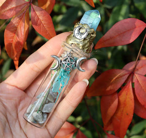 Blue Aura Quartz & Labradorite Chips In Triple Moon Embellished Bottle