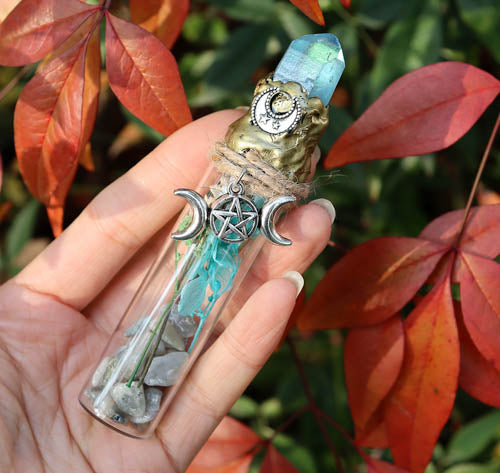 Blue Aura Quartz & Labradorite Chips In Triple Moon Embellished Bottle (assorted. approx. 9.5cm)