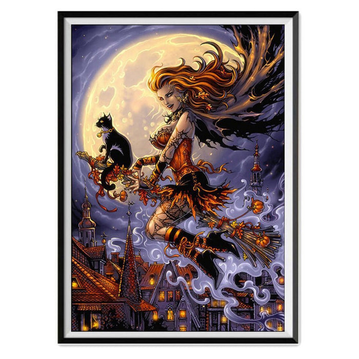 DIY Diamond Art Witch & Her Familiar Riding a Broom Wall Art Kit (ready to bejewel. approx. 40x30cm)