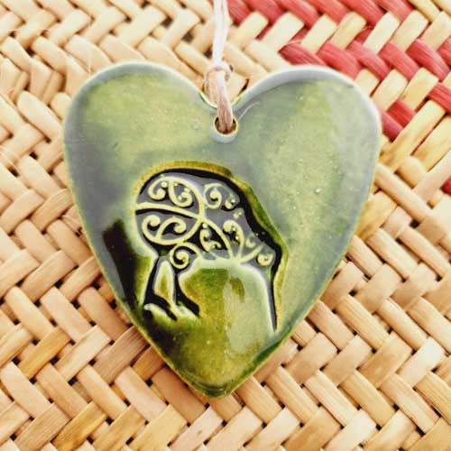 Green Kiwi Heart (ceramic. assorted colours. handcrafted in Aotearoa New Zealand. approx. 8.3 x 8 cm)