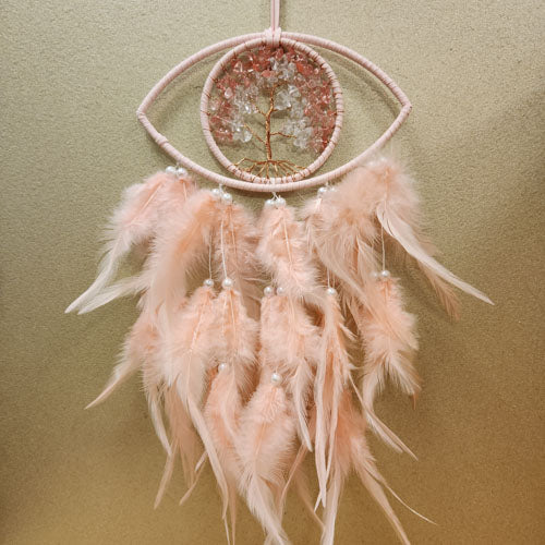 Pink Eye Dreamcatcher with Strawberry Quartz & Synthetic Beads in Copper Wire Tree of Life