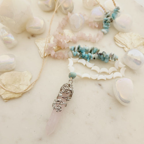 Rose Quartz, Larimar, Shell Wrapped Pendant (hand crafted in Aotearoa New Zealand)