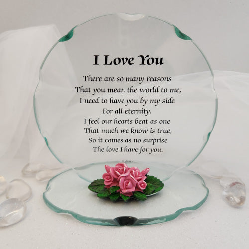 I Love You Glass Plaque with Flowers (approx. 14cm)