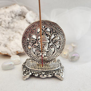 Silver Metal Look Round Buddha Head Incense Holder
