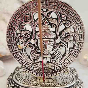 Silver Metal Look Round Buddha Head Incense Holder