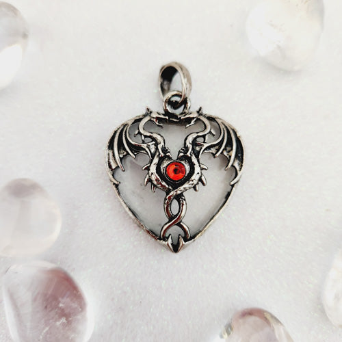 Quartz Heart Pendant with Dragon Wings & Red Glass Stone (silver metal)