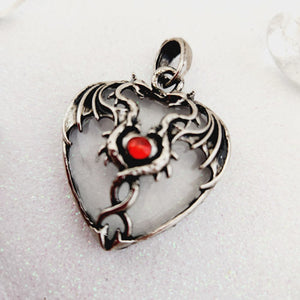 Quartz Heart Pendant with Dragon Wings & Red Glass Stone