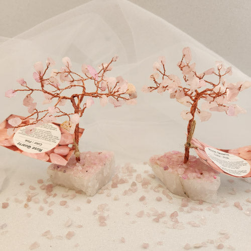 Rose Quartz Tree on Crystal Chip Covered Quartz Base (assorted. approx. 12x11cm)