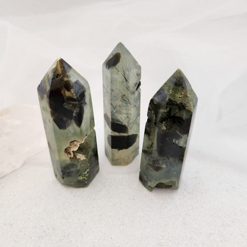 Green Tourmaline included Prehnite Partially Polished Point (assorted. approx. 7.5-8x2.4-3cm)
