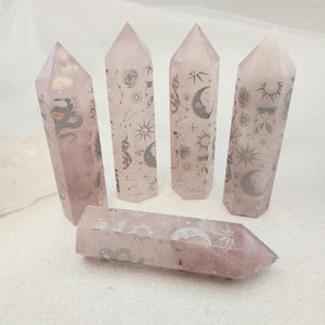 Rose Quartz Polished Point with Gold Symbols