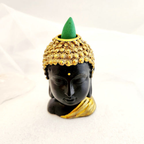 Black & Gold Buddha Head Backflow Incense Burner (approx. 6.5x6.6x9.5cm)