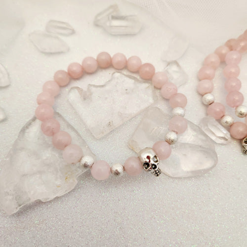 Rose Quartz Bracelet with Skull Bead (approx. 8mm round beads)