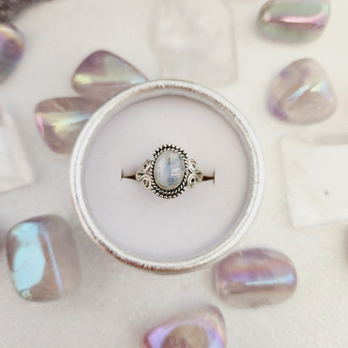 Rainbow Moonstone Ring (sterling silver & assorted designs)