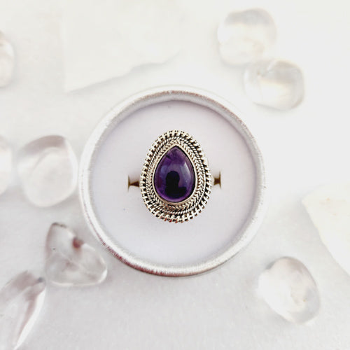 Amethyst Ring (tear drop. set in sterling silver)