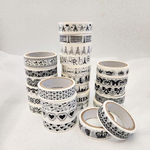 Black & White Self-Adhesive Tape for Crafting (assorted designs. approx. 1.5cmx10m long roll)