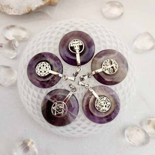 Amethyst Donut Pendant with Symbol Bale (assorted. silver metal)