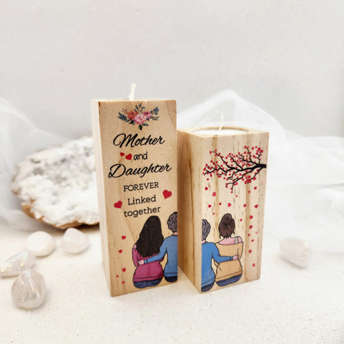 Mother and Daughter Forever Linked  Wooden Candle Holder (set of two. 12x9x4.5cm combined)