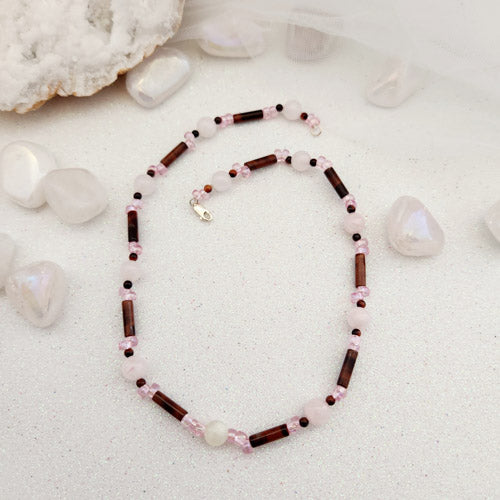 Red Tiger's Eye, Rose Quartz & Moonstone Necklace (handcrafted in Aotearoa New Zealand)