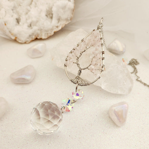 Rose Quartz Tree of Life Hanging Prism