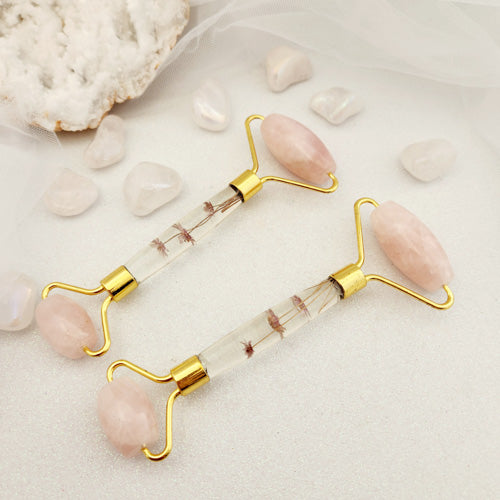 Rose Quartz with Dried Flowers Massage Roller (gold metal)