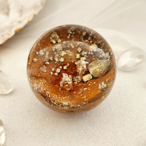 Lodolite Quartz Sphere with a Garden of Pyrite (approx. 5cm diameter)