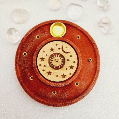 Sun and Moon Round Wooden Incense Holder (approx. 10cm)