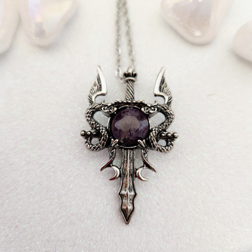 Amethyst Dragon Sword Pendant with Chain (alloy metal mix)