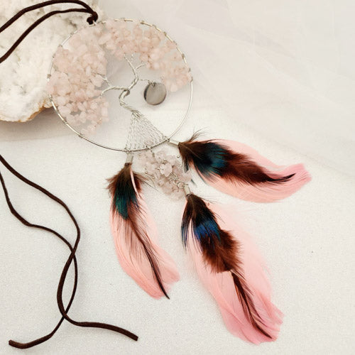 Rose Quartz Tree of Life Hanging with Feathers (assorted)