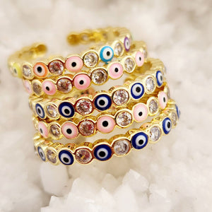 Blue Eye aka Evil Eye Adjustable Ring with Cubic Zirconias