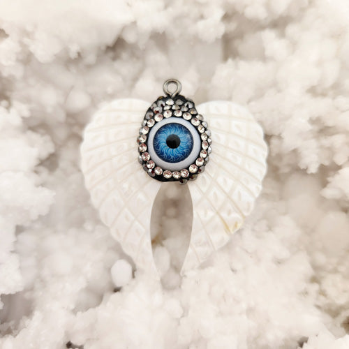 Blue Eye in Shell Angel Wings Pendant (silver metal)