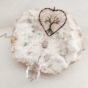 Rose Quartz Tree of Life Hanging Heart with Prism