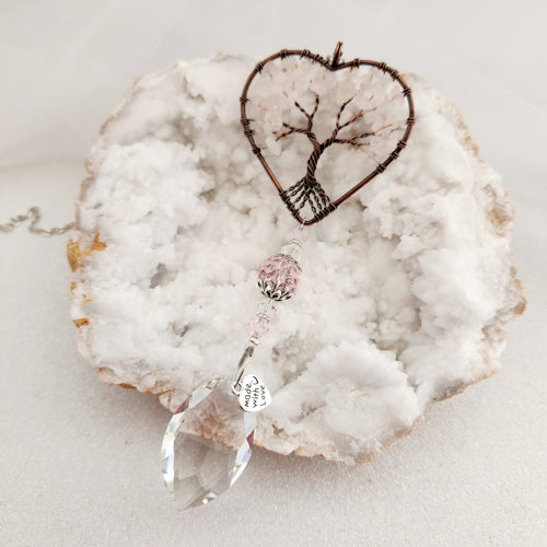 Rose Quartz Tree of Life Hanging Heart with Prism (approx. 35cm)