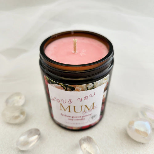 Love You Mum Lychee Guava Soy Candle (handcrafted in Aotearoa New Zealand. up to 30 hours burn time)