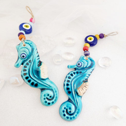 Blue Ceramic Sea Horse Wall Art (hand painted. ceramic. approx. 21cm long)