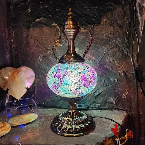 Blue & Purple Tea Pot Turkish Style Mosaic Lamp (approx. 39cm)