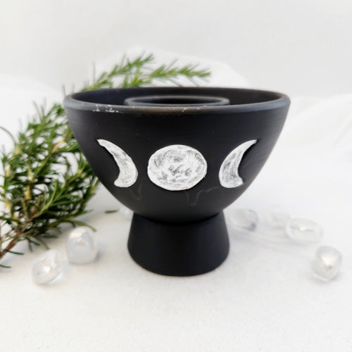 Black Triple Moon Terracotta Smudge Bowl (approx 13x13x10cm)