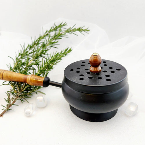 Iron Resin/Incense/Herb Charcoal Burner with Wooden Handle (approx. 24cm long incl. handle)