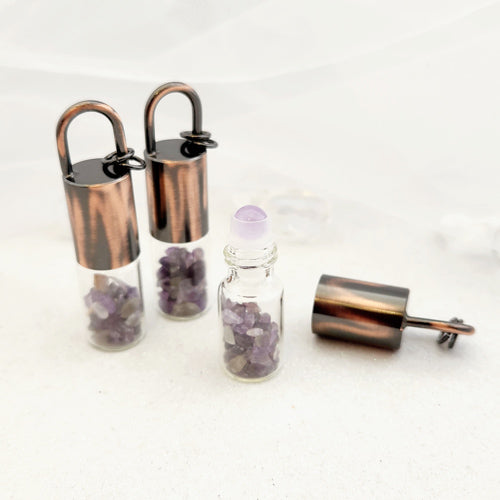Glass Roller Perfume Bottle with Amethyst Roller & Chips with Copper Look Lid (approx. 6.2x1.5cm)