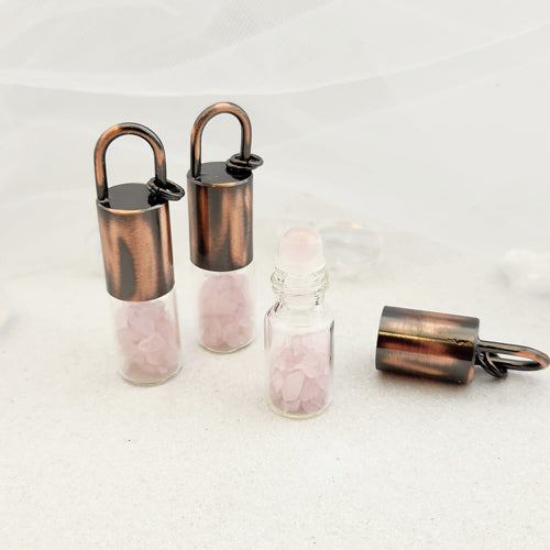 Glass Roller Perfume Bottle with Rose Quartz Roller & Chips with Copper Look Lid (approx. 6.2x1.5cm)