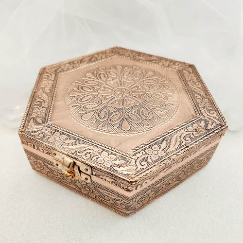 Hexagonal Flower Trinket Box with Copper Finish (velvet lined approx. 18x15x5cm)