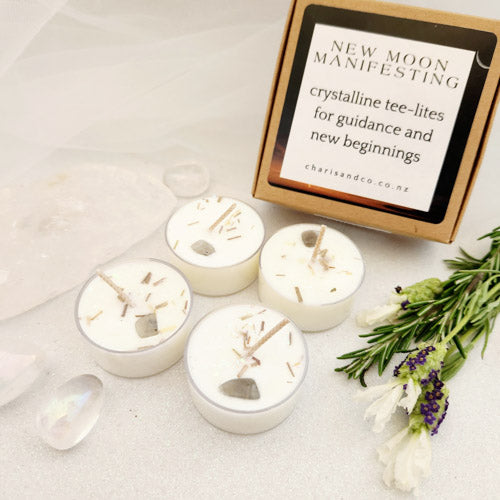 New Moon Manifesting Crystalline Tee-lite Candles (set of 4. handcrafted in Aotearoa NZ. approx. 4-6hours per candle)