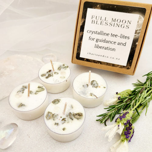 Full Moon Blessings Crystalline Tee-lite Candles (set of 4. handcrafted in Aotearoa NZ. approx. 4-6hours per candle)