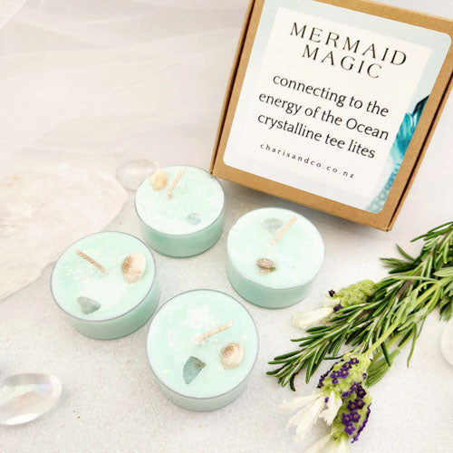 Mermaid Magic Crystalline Tee-lite Candles (set of 4. handcrafted in Aotearoa NZ. approx. 4-6hours per candle)