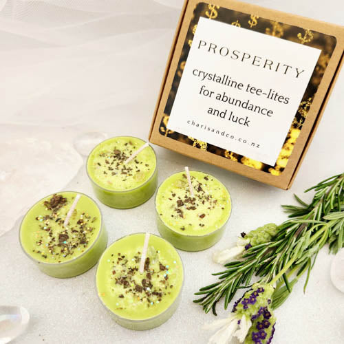 Prosperity Crystalline Tee-lite Candles (set of 4. handcrafted in Aotearoa NZ. approx. 4-6hours per candle)