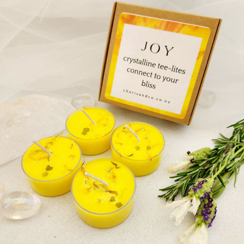 JOY Crystalline Tee-lite Candles (set of 4. handcrafted in Aotearoa NZ. approx. 4-6hours per candle)