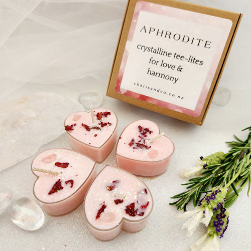 Aphrodite Crystalline Tee-lite Candles (set of 4. handcrafted in Aotearoa NZ. approx. 4-6hours per candle)