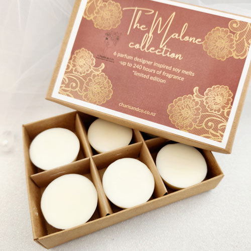 The Malone Soy Melts Collection (6 melts handcrafted in Aotearoa NZ. sustainable. 40 hours fragrance life per melt)