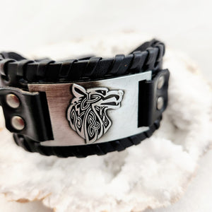 Wolf Leather & Pewter Look Bracelet