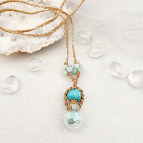 Amazonite & Selenite Chips in Bottle Wrapped Pendant (hand crafted in Aotearoa New Zealand)